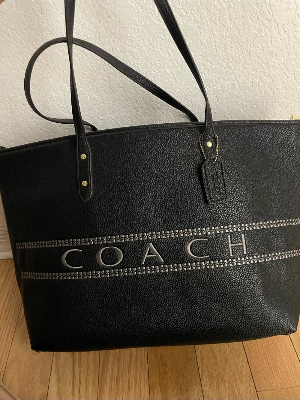 Coach Black Leather Logo Stitch Tote